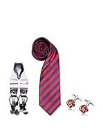 SILVIO SILVANI Pack Tirantes Lisos Gris Claro + Corbata Rayas Azul Marino Y Burdeos + Gemelos De Nudo En Esmalte Rojo