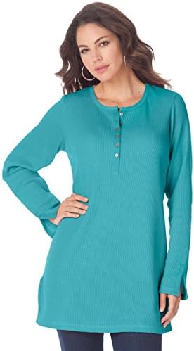 Roamans Women's Plus Size Thermal Henley Tunic (Dusty Aqua,5X)