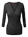 Doublju Women 3/4 Sleeve Unique Soft Fabric Draped Wrap T shirt