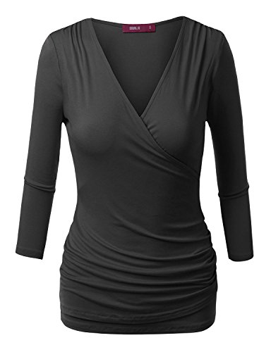 Doublju Women 3/4 Sleeve Unique Soft Fabric Draped Wrap T shirt