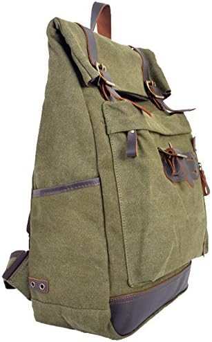 Coolcy New Vintage Rucksack Men/women Casual Canvas Backpack Genuine Leather Laptop Bag Satchel Camping Travel Bag for School 3 Colors (Army Green)