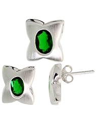 Sterling Silver Matte-finish Four-finger Clover Flower Earrings (12mm tall) & Pendant Slide (13mm tall) Set, w/ Oval Cut Emerald-colored CZ Stones