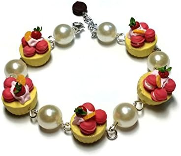 Sweetietiny Strand Bracelet Silver Plated Cupcake Macaron Raspberry Color Sweet Polymer Clay L6.5 Inch