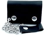 WAL46 Black Genuine Leather Trifold Wallet with Snaps and Chain