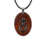 Stainless Steel Natural Redwood Women Symbol Oval Pendant w. Rubber Cord Necklace
