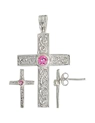 Sterling Silver Swirl-designed Latin Cross Earrings (16mm tall) & Pendant (28mm tall) Set, w/ Bezel Set Brilliant Cut Pink Tourmaline-colored CZ Stones
