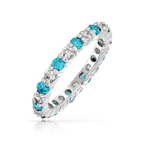 Bling Jewelry 925 Silver Simulated Blue Topaz CZ Eternity Birthstone Ring