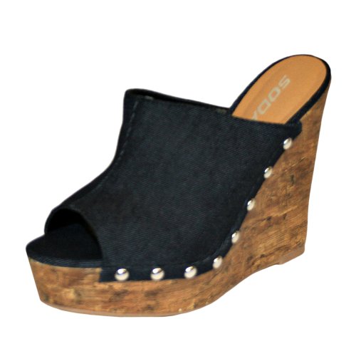 Black Denim Cork Style Clog Mules Wedge High Heel Ladies Shoes Size 7.5 Black Denim Cork Style Clog Mules Wedge High Heel Ladies Shoes Size 7.5