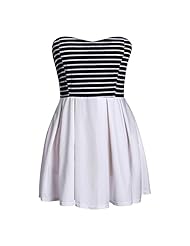 Strapless Bandeau Neck Striped Print Polyester Pleated Backless Party Dress 