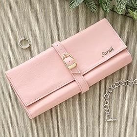 Pink Leather Personalized Jewelry Roll