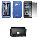 EMPIRE Black Leather Case Pouch with Belt Clip and Belt Loops + Blue Silico ....