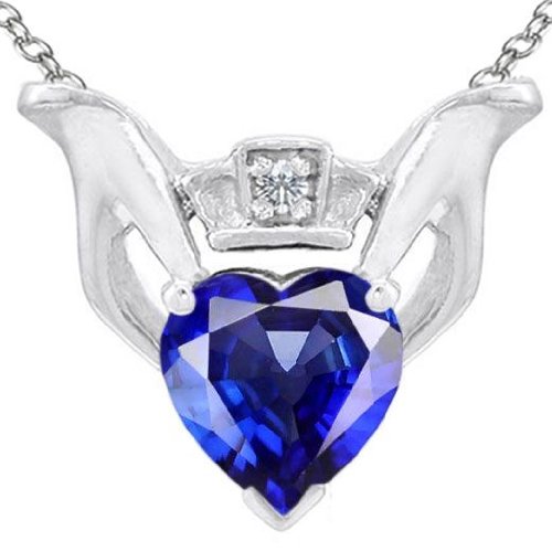 Candygem Genuine 14K Gold Lab Created Heart Shaped Sapphire and Diamond Claddagh Love Pendant