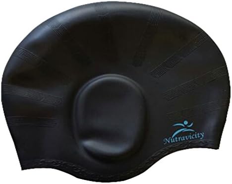 Nutravicity Silicone Swim Cap for Long Hair Black+ Free Set of Ear Plugs and Nose Clip
