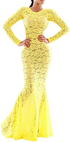 MISHI Womens Sexy Slim Cut out Swallowtail Lace Bandage Long Dress Yellow M