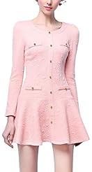 Puff Sleeves Vintage Pleated Jacquard Floral Print Spring Fall Winter Cotton  Shirt  Dress