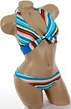 Sexy Bathing Suit Multi Color Striped Swimsuit 3pc Halter Top Bikini with Matching Bottom and Skirt