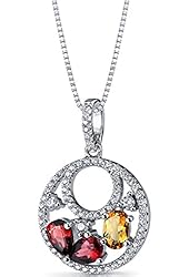 Garnet and Citrine Double Hoop Pendant Necklace Sterling Silver 1.5 Carats