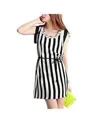 Vertical Stripe Chiffon Round Neck  Belted Summer  Dress With Pearls