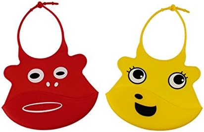 Pack of 2 Waterproof Silicone Baby Bibs with Food Catcher - Easy to Clean & Comfortable to Use - Colors Red and Yellow for Boys and Girls