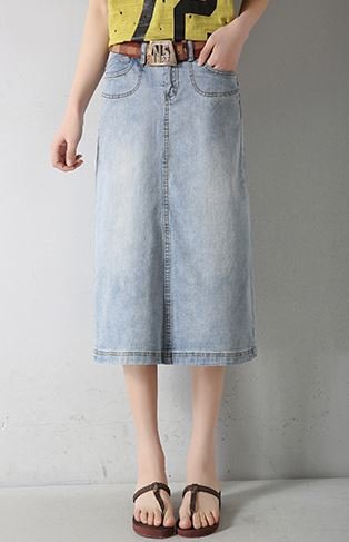 (ALLURE) デニム ロング スカート ペンシルスカート スリット ブルー 淡色 ライトブルー AF0510