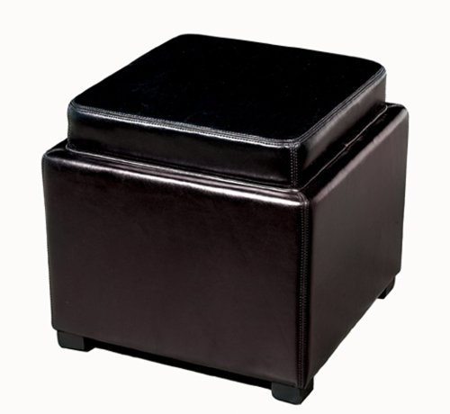 Baxton Studio Full Leather Square Storage Ottoman with Reversible Tray, Black