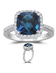 0.29 Cts Diamond & 2.93 Cts London Blue Topaz Ring in 14K White Gold