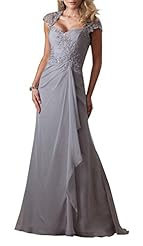 Plus Size A-line Chiffon Queen Anne Neck Cap Sleeves Applique Draped Open-Back Ruched Lace Beaded  Gathered Mother-of-the-Bride Dress/Prom Dress  with a Brush/Sweep Train  With Ruffles