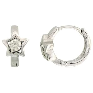 Sterling Silver Star Huggie Hoop Earrings, w/ Brilliant Cut CZ Stone, 3/8