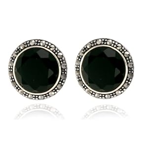 Sterling Silver Marcasite and Faceted Onyx Button Earrings by Amazon.com Collection