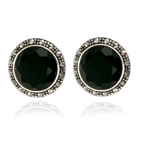 Sterling Silver Marcasite and Faceted Onyx Button Earrings