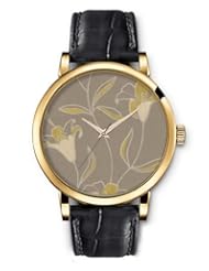SPRAWL Aanalog Fashion Series Gold Ladies Watches of Genuine Black Leather Strap,Unique Wrist Watch for Women Girls Designed with Drawing lily flowers on gray background