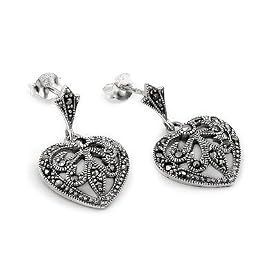 Sterling Silver Marcasite Heart Post Dangle Earrings