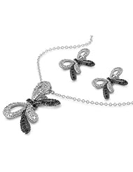 Sterling Silver Black CZ Fancy Two Toned Ribbon Earring & Necklace Set