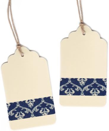 Dress My Cupcake Cardstock 50-Pack Gift Hang Tag with String DIY Kit, Scallop Cream, Vintage Navy Blue Damask