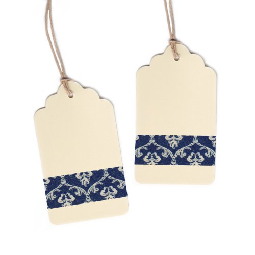Dress My Cupcake Cardstock 50-Pack Gift Hang Tag with String DIY Kit, Scallop Cream, Vintage Navy Blue Damask