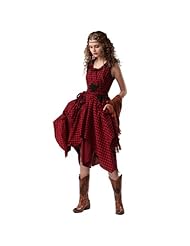 Cotton Sleeveless Plaid Print Belted Lace  Vintage Applique  Dress With Ruffles