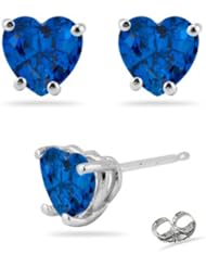 4.20 Cts of 8 mm AAA Heart Created Blue Sapphire Stud Earrings in 14K White Gold-Screw Backs
