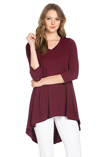 Frumos Womens 3/4 Sleeve High Low Tunic V Neck Top Made In USA