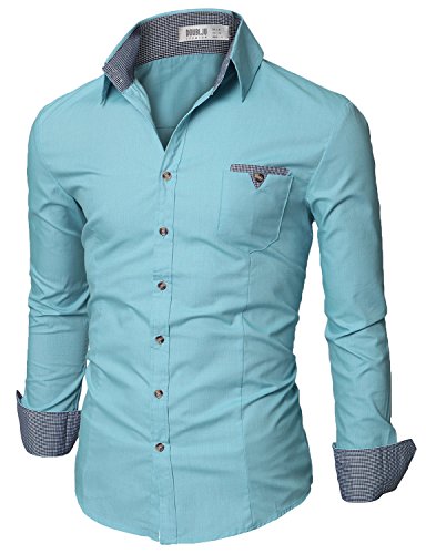 Doublju Mens Slim Fit Button Down Flannel Casual Shirt MINTBLUE,2XL