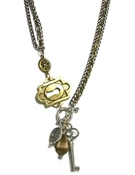 Grandmothers Buttons Chunky Two-Way Gold and Silver Necklace with Antique Button and Charms