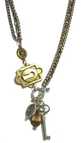 Grandmother's Buttons Chunky Two-Way Gold and Silver Necklace with Antique Button and Charms