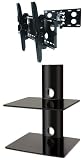 Package Deal Two Glass Shelves Wall Mount For Audio Video Equipment all Black Universal Swivel Tilt Bracket With Extension Arm For All Tv Brands 37 40 42 46 47 50 52 54 55 58 60 Inch Tv Flat Panel hd