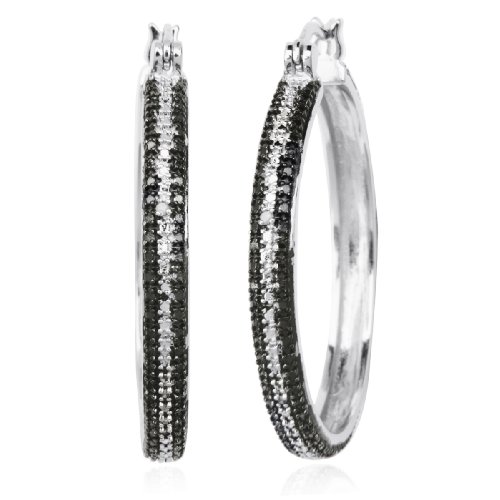 Sterling Silver Black and White Diamond Accent Hoop Earrings
