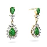 14K Yellow Gold Pear Genuine Emerald Dangle Drop Earrings