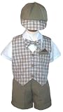 New 5 Pc Khaki Plaid Boys Dress Short Set with Cap 4T