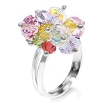 Pastel Lavender Multi-Colored Cluster Faceted Swarovski Crystal 925 Sterling Silver Finger Ring - Adjustable Size 6,7,8,9
