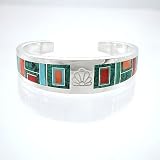 Ray Tracey Inlaid Sterling Silver Cuff Bracelet with Turquoise and Spiny Oyster, #8551