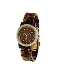 Geneva Womens Designer Inspired Chronograph Style Acrylic Resin Shell Watch in Tortoise and Gold Tone