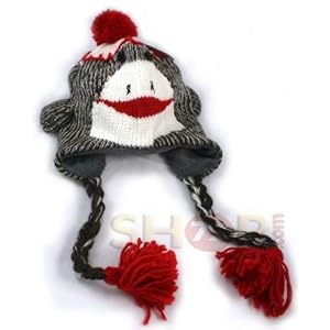 Sock Monkey Cap / Hat with Ear Flaps and Poms