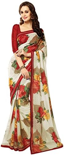 Infigo Women's Chiffon Printed Saree Free Size White
